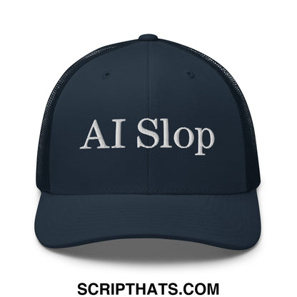 Dark navy mesh trucker hat with white embroidered ai slop text across the front for casual wear