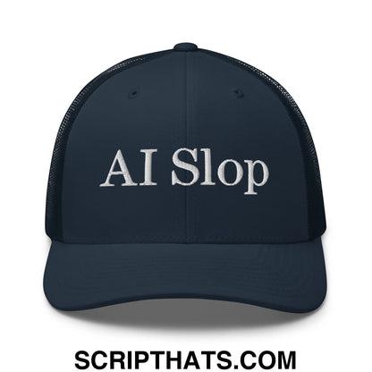 Dark navy mesh trucker hat with white embroidered ai slop text across the front for casual wear