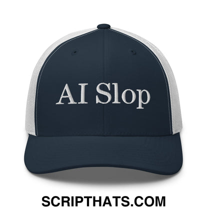 Navy blue and white mesh trucker hat with ai slop embroidered in silver thread on the front panel