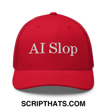 Red mesh trucker hat featuring white embroidered ai slop text designed for casual wear and sun protection