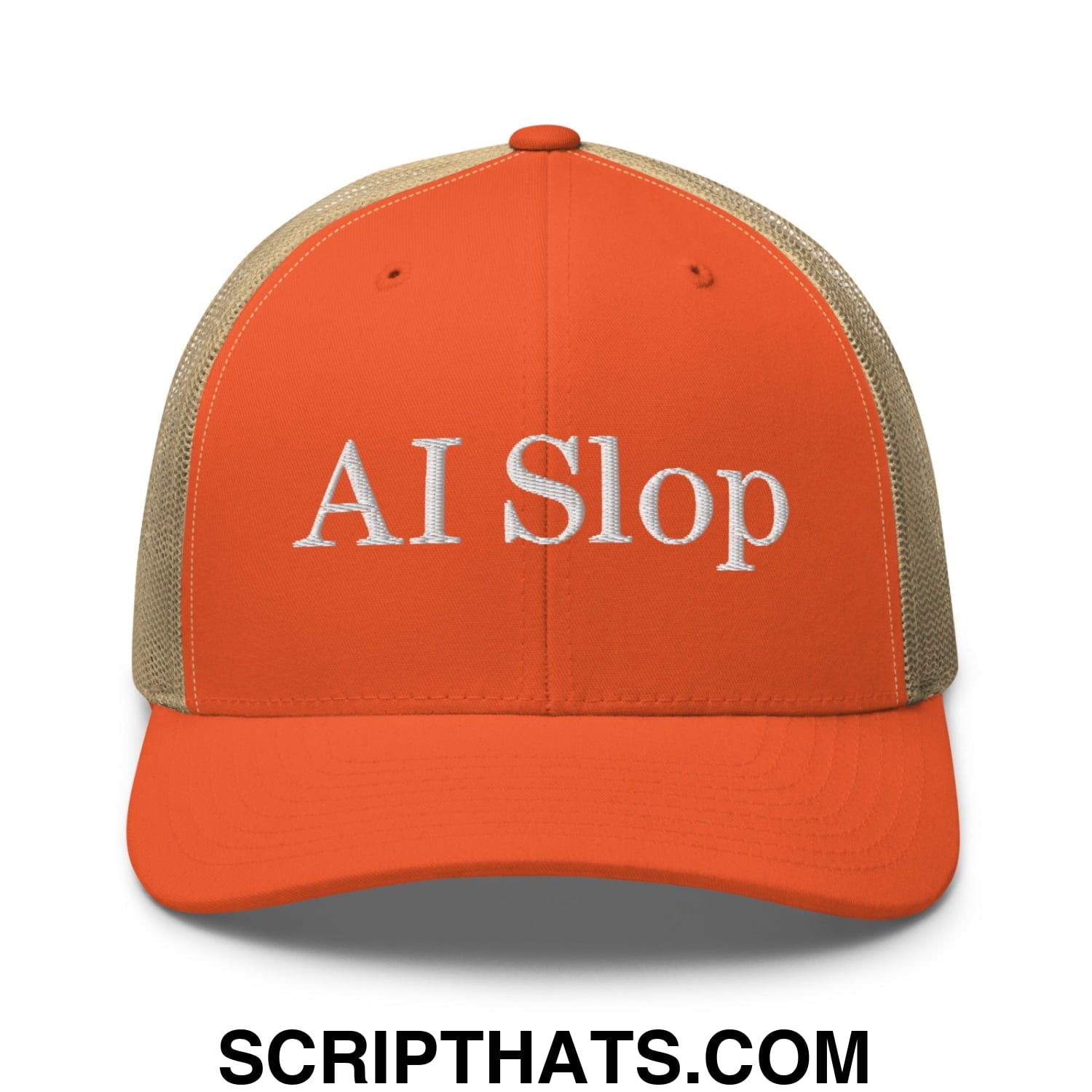 Orange and beige mesh trucker hat with white embroidered ai slop text in a breathable casual design