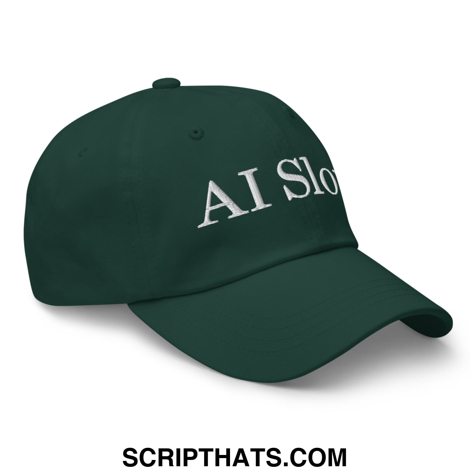 Dark green unstructured dad hat with white ai slo embroidered text ideal for casual wear