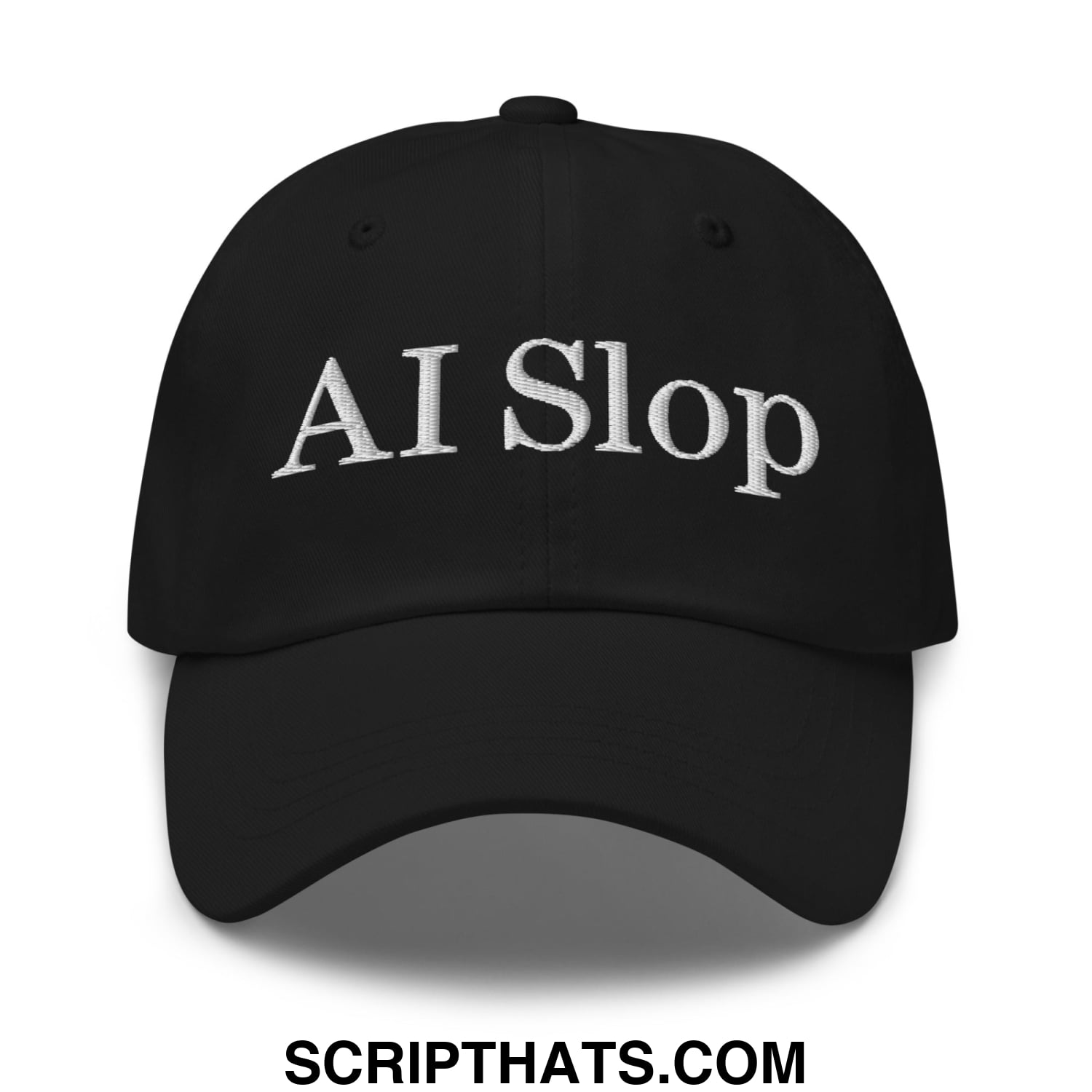 Black unstructured dad hat with white embroidered ai slop text suitable for casual everyday wear