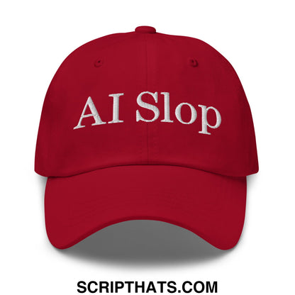 Red unstructured dad hat with white embroidered ai slop text front panel casual baseball cap