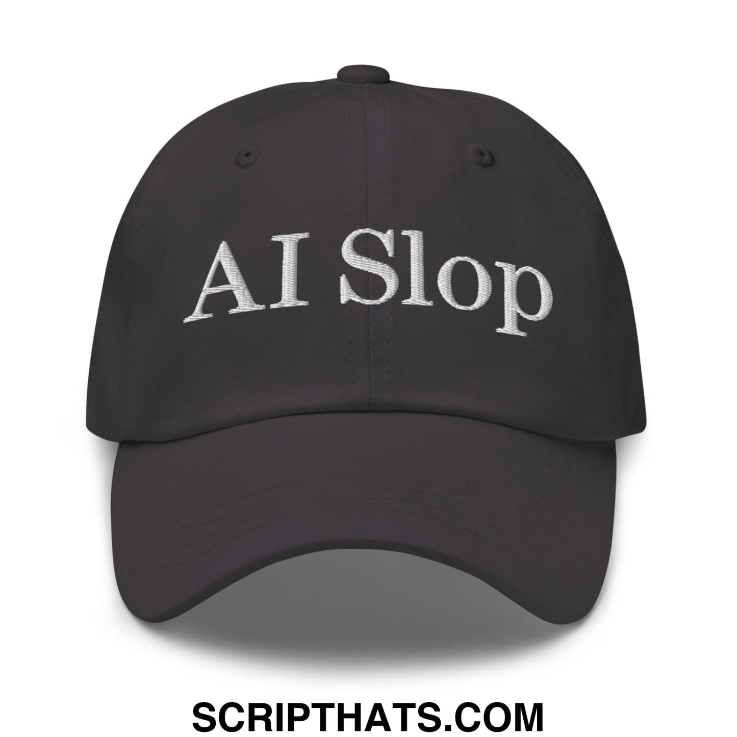 Black unstructured dad hat with white embroidered ai slop text featuring a soft cotton blend material