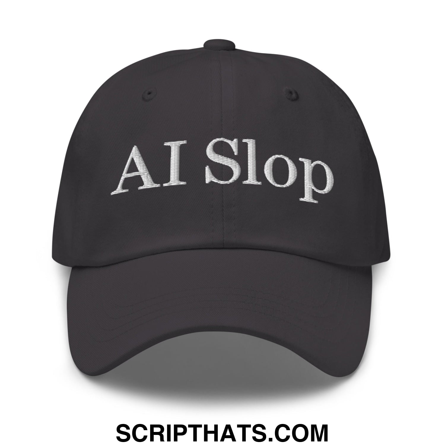 Black unstructured dad hat with white embroidered ai slop text featuring a soft cotton blend material