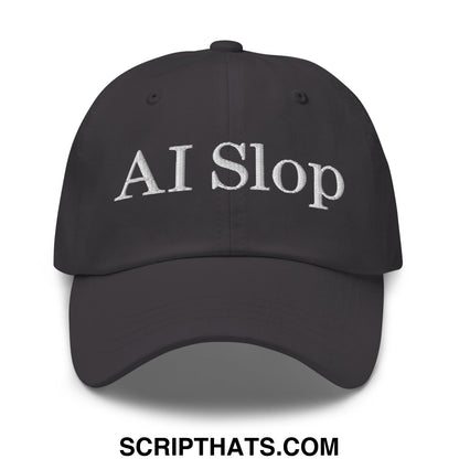 Black unstructured dad hat with white embroidered ai slop text featuring a soft cotton blend material
