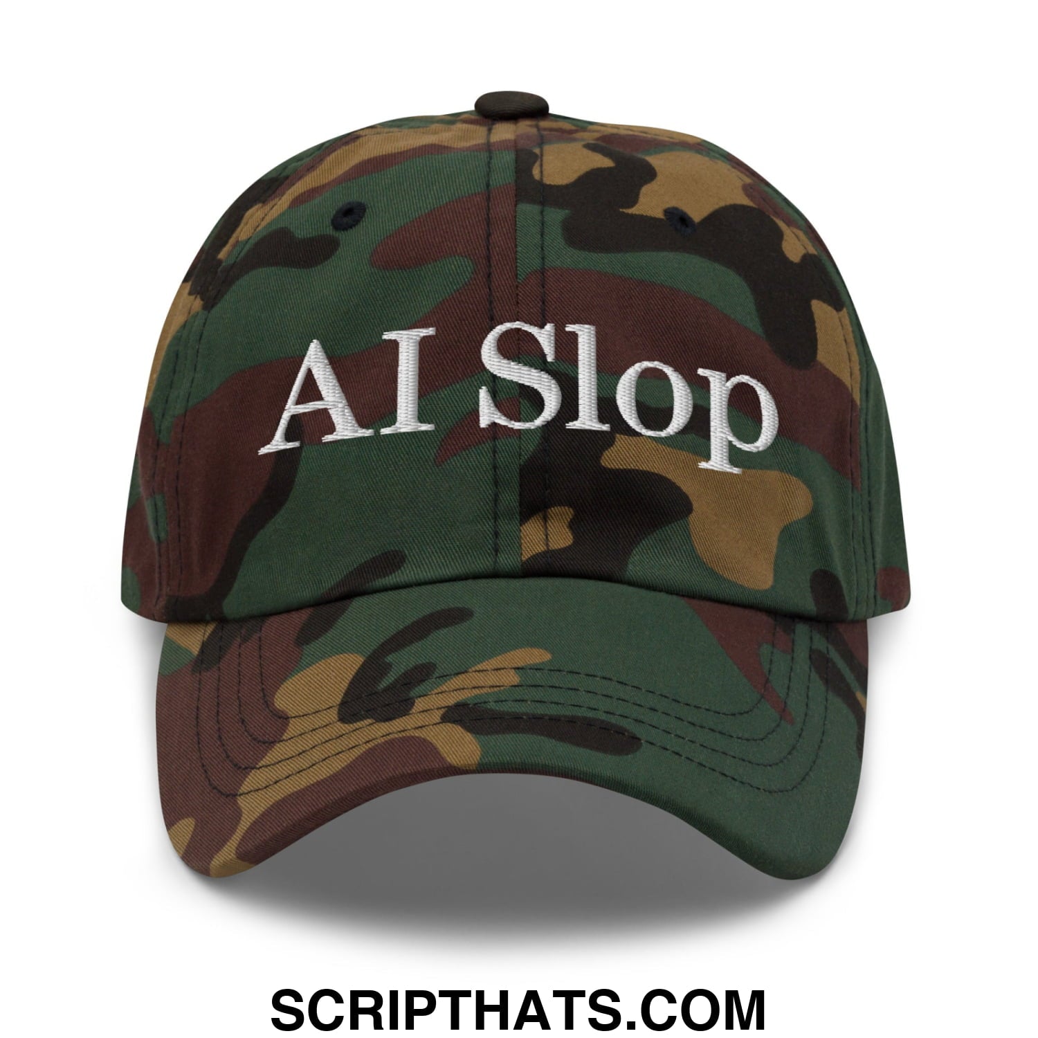 A camouflage patterned unstructured dad hat with ai slop embroidered in white thread across the front
