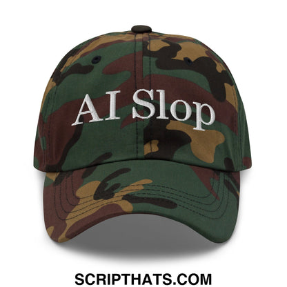 A camouflage patterned unstructured dad hat with ai slop embroidered in white thread across the front