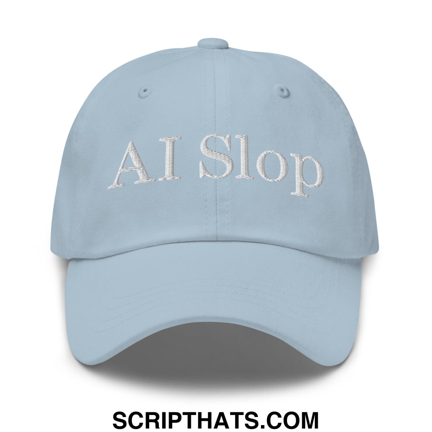 Light blue unstructured dad hat with white embroidered ai slop text featuring a casual adjustable design