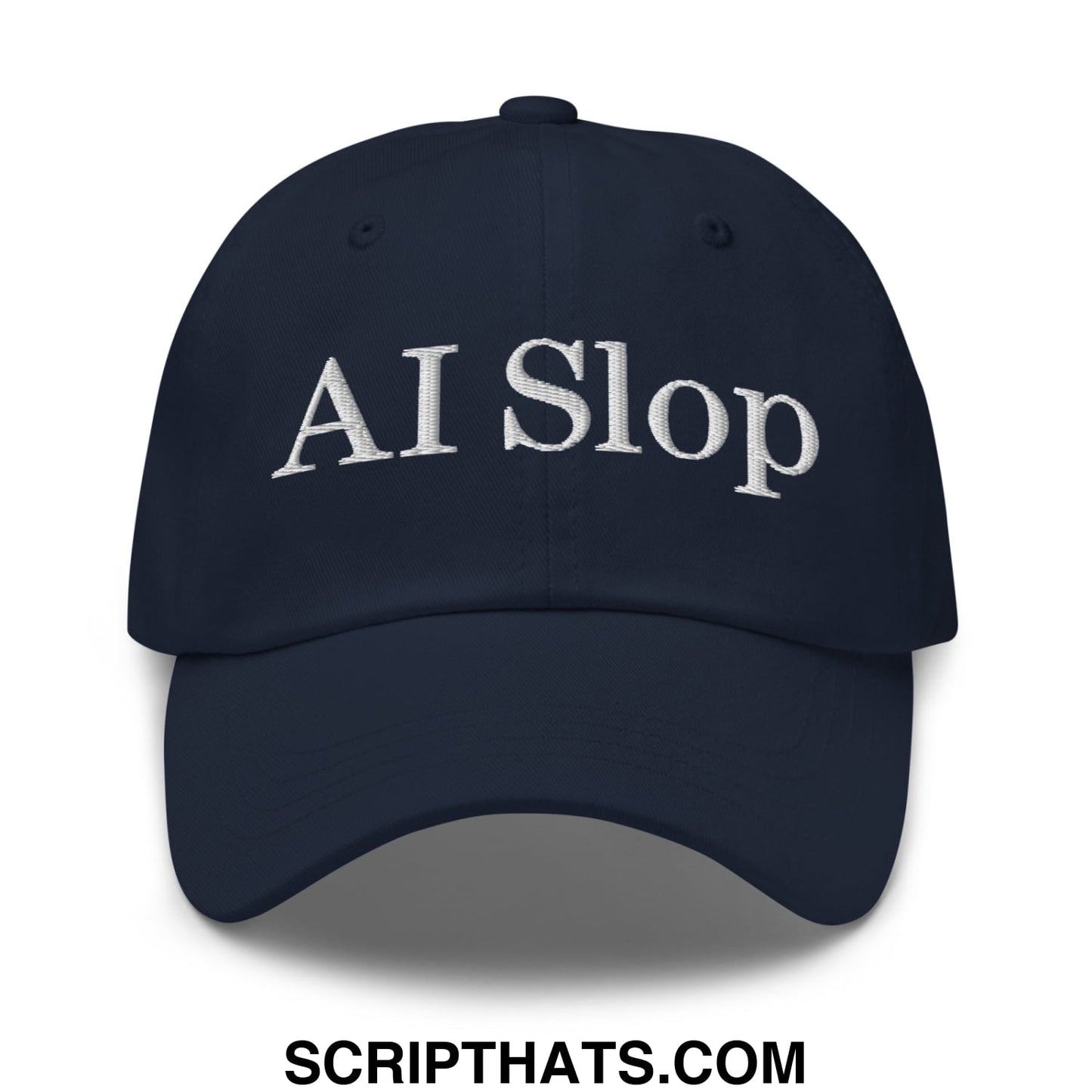 Navy blue unstructured dad hat with white embroidered ai slop text on front ideal for casual wear