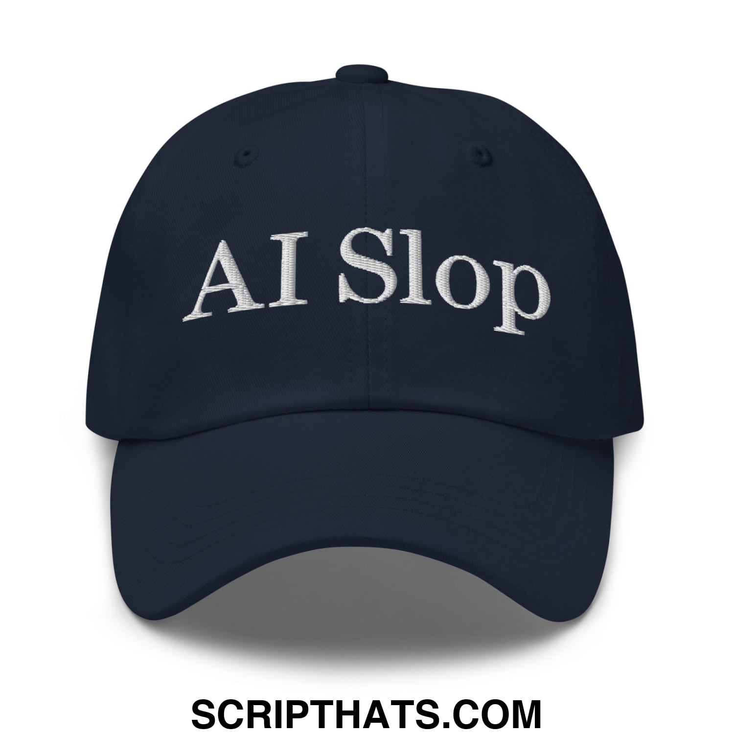 Navy blue unstructured dad hat with white embroidered ai slop text on front ideal for casual wear