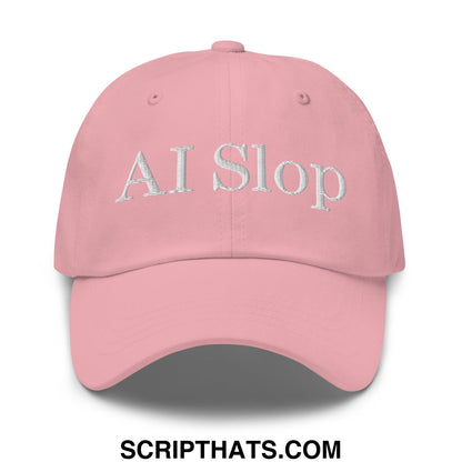 A soft pink unstructured dad hat with ai slop embroidered in silver thread across the front