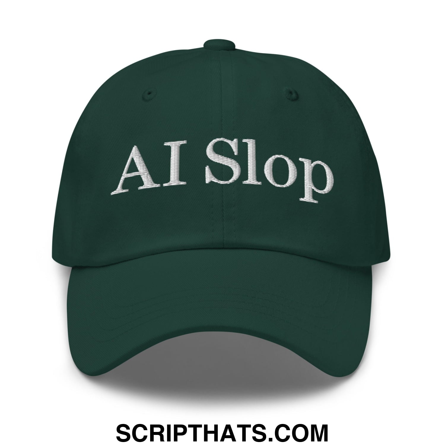 Dark green unstructured dad hat with white embroidered ai slop text ideal for casual wear
