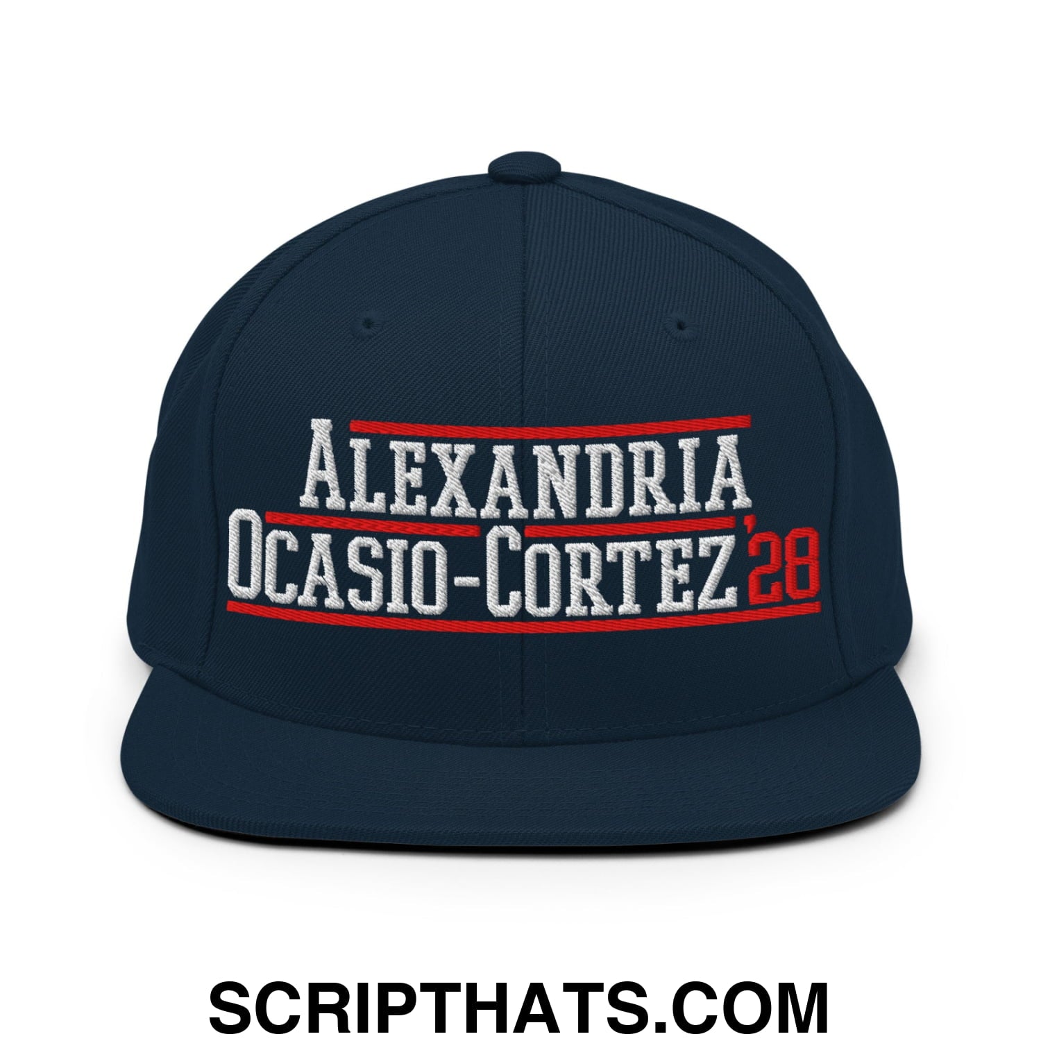 Alexandria Ocasio-Cortez AOC 2028 Embroidered Flat Bill Brim Snapback Hat Dark Navy