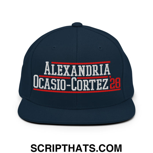 Alexandria Ocasio-Cortez AOC 2028 Embroidered Flat Bill Brim Snapback Hat Dark Navy