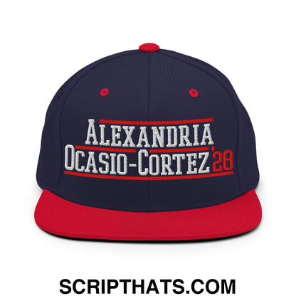 Alexandria Ocasio-Cortez AOC 2028 Embroidered Flat Bill Brim Snapback Hat Navy Red