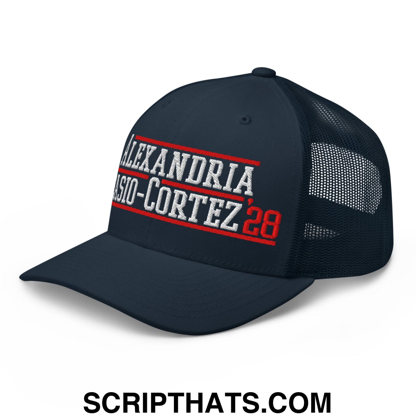 Alexandria Ocasio-Cortez AOC 2028 Embroidered Mesh Trucker Hat Navy