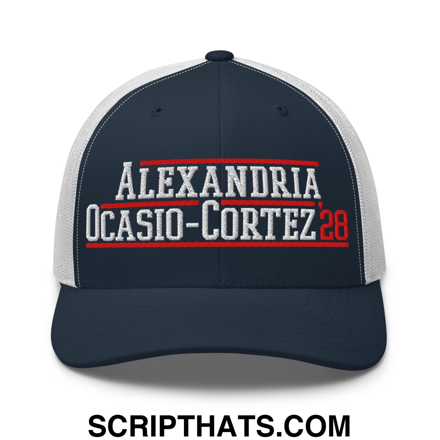 Alexandria Ocasio-Cortez AOC 2028 Embroidered Mesh Trucker Hat Navy White
