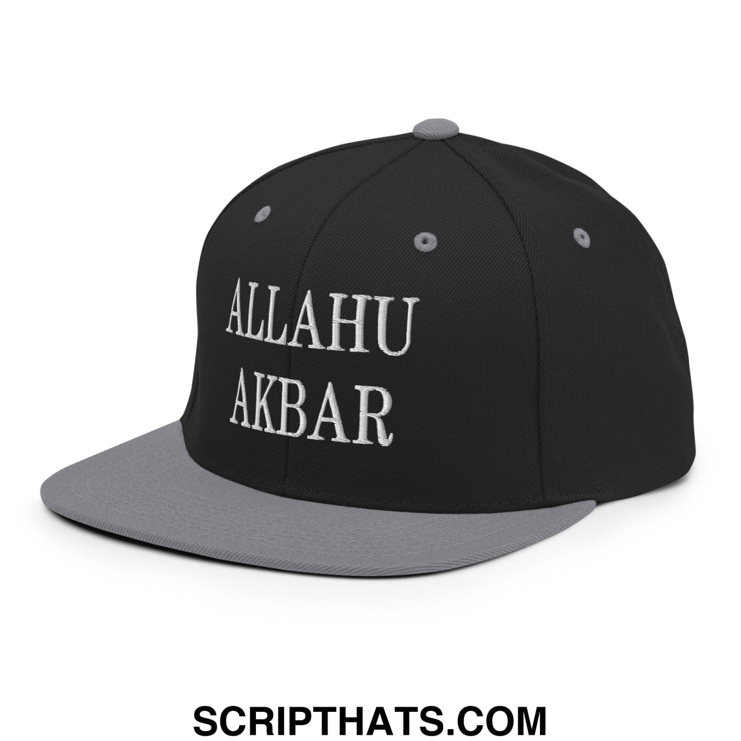 Allahu Akbar MAGA Parody Embroidered Flat Bill Brim Snapback Hat Black Silver