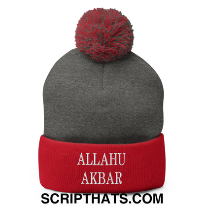 Allahu Akbar MAGA Parody Embroidered Knit Pom Pom Beanie Dark Heather Grey Red