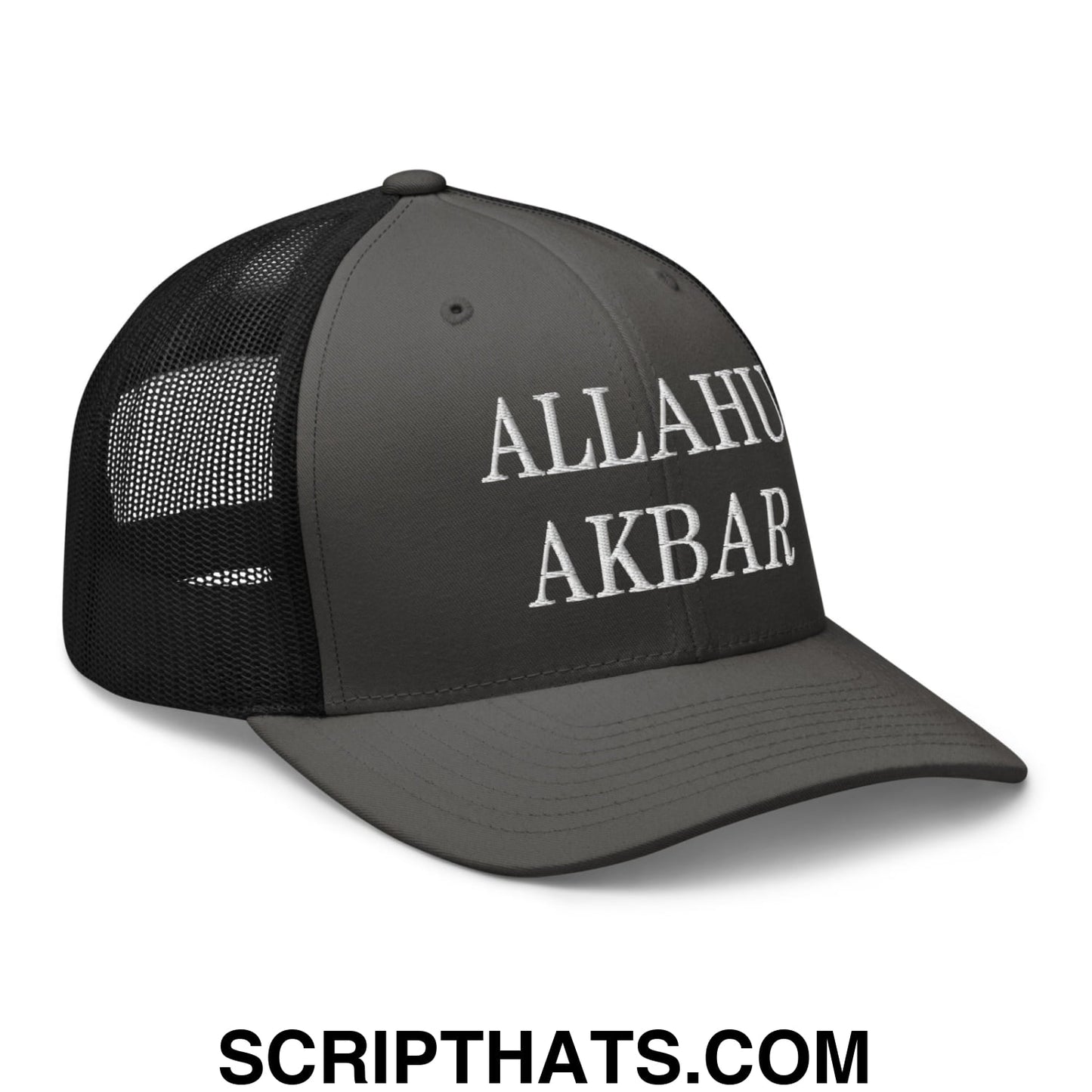 Allahu Akbar MAGA Parody Embroidered Mesh Trucker Hat Charcoal Black