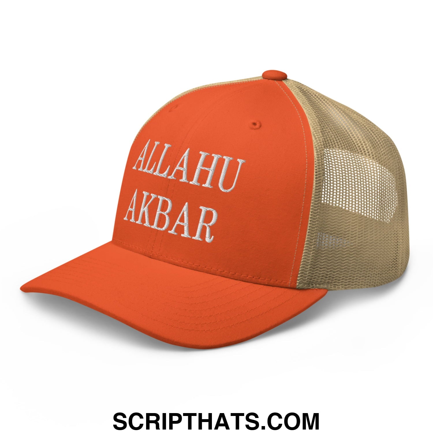 Allahu Akbar MAGA Parody Embroidered Mesh Trucker Hat Rustic Orange Khaki
