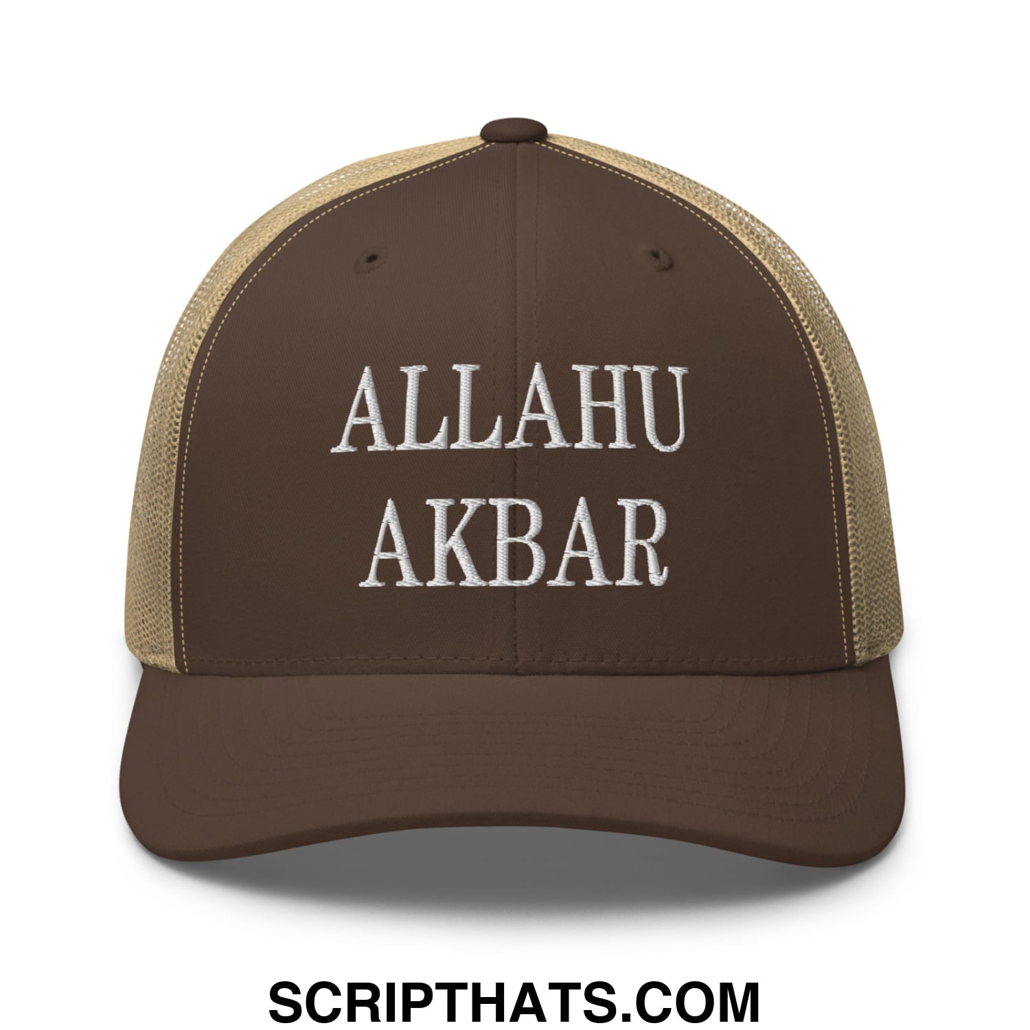 Allahu Akbar MAGA Parody Embroidered Mesh Trucker Hat Brown Khaki