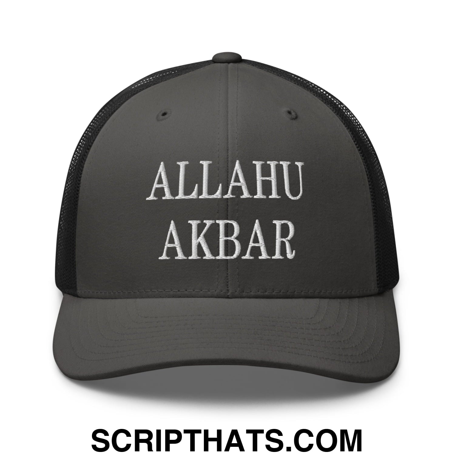 Allahu Akbar MAGA Parody Embroidered Mesh Trucker Hat Charcoal Black