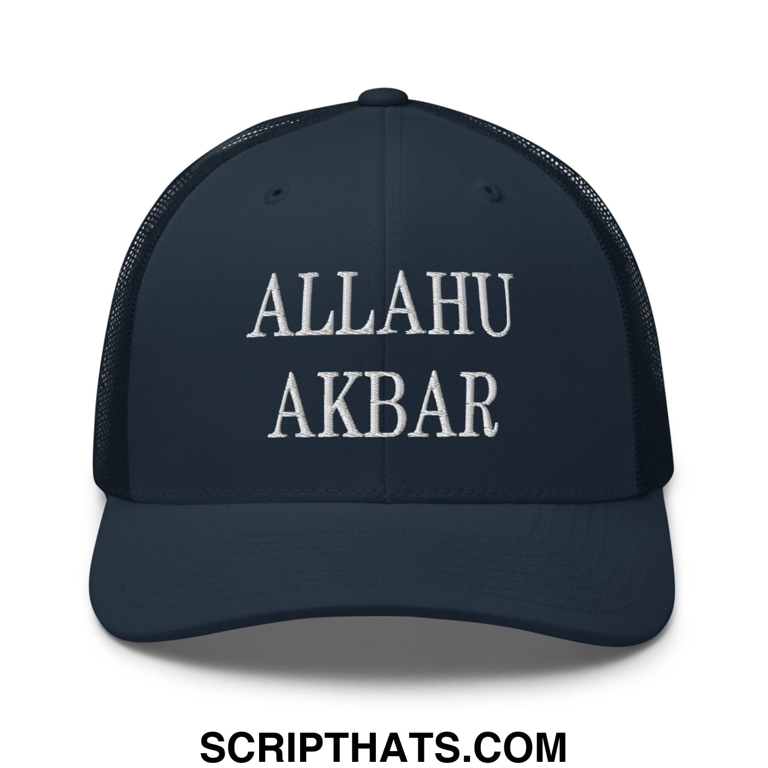 Allahu Akbar MAGA Parody Embroidered Mesh Trucker Hat Navy