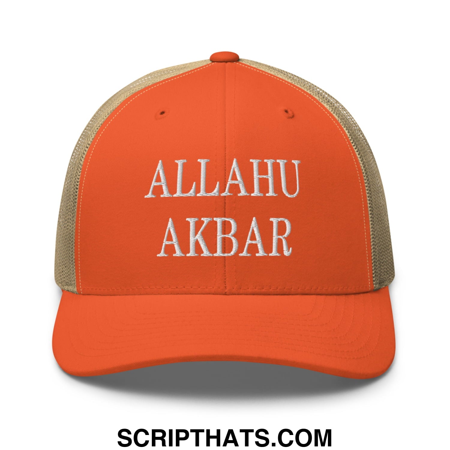 Allahu Akbar MAGA Parody Embroidered Mesh Trucker Hat Rustic Orange Khaki
