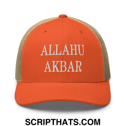 Allahu Akbar MAGA Parody Embroidered Mesh Trucker Hat Rustic Orange Khaki