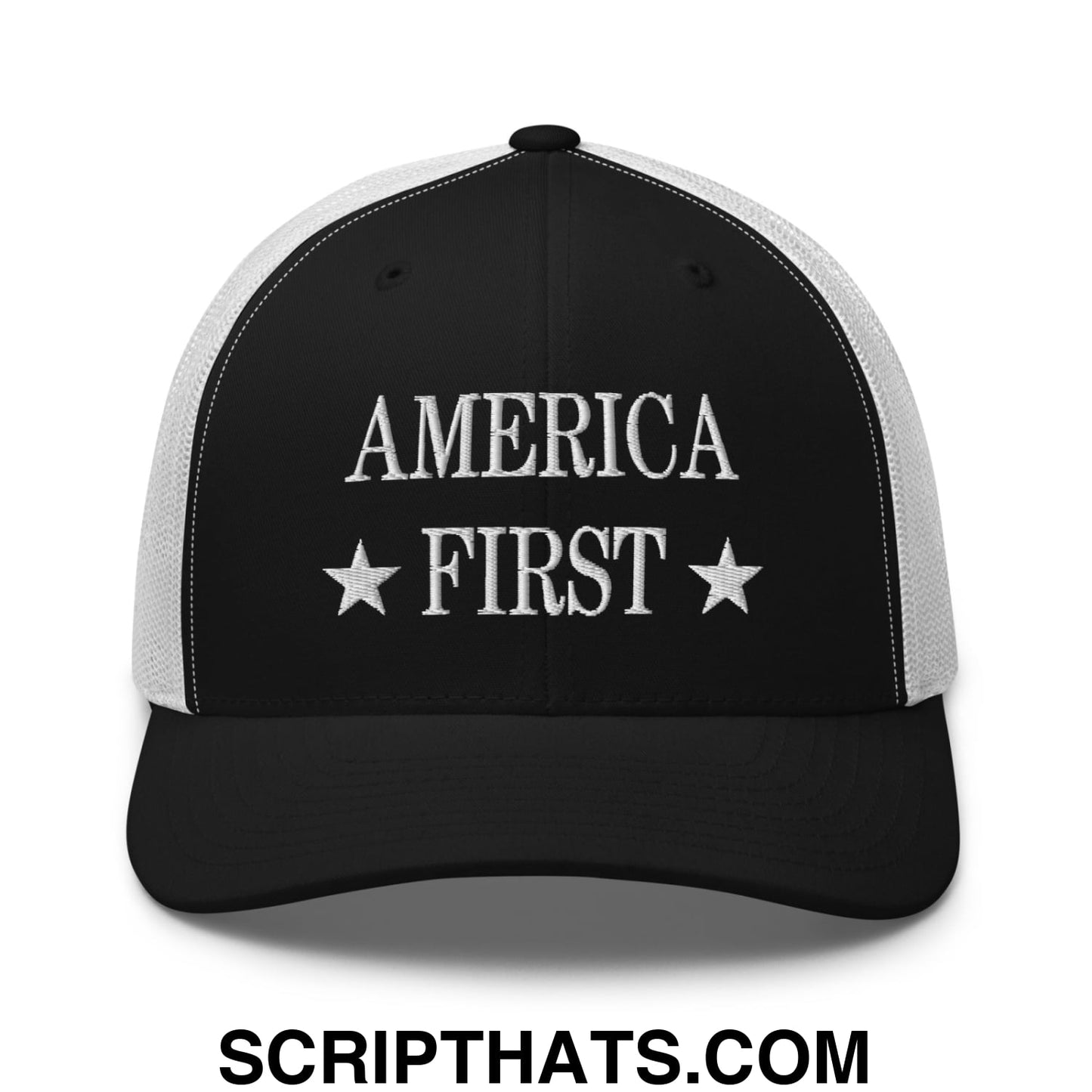 America First Embroidered Mesh Trucker Hat Black White