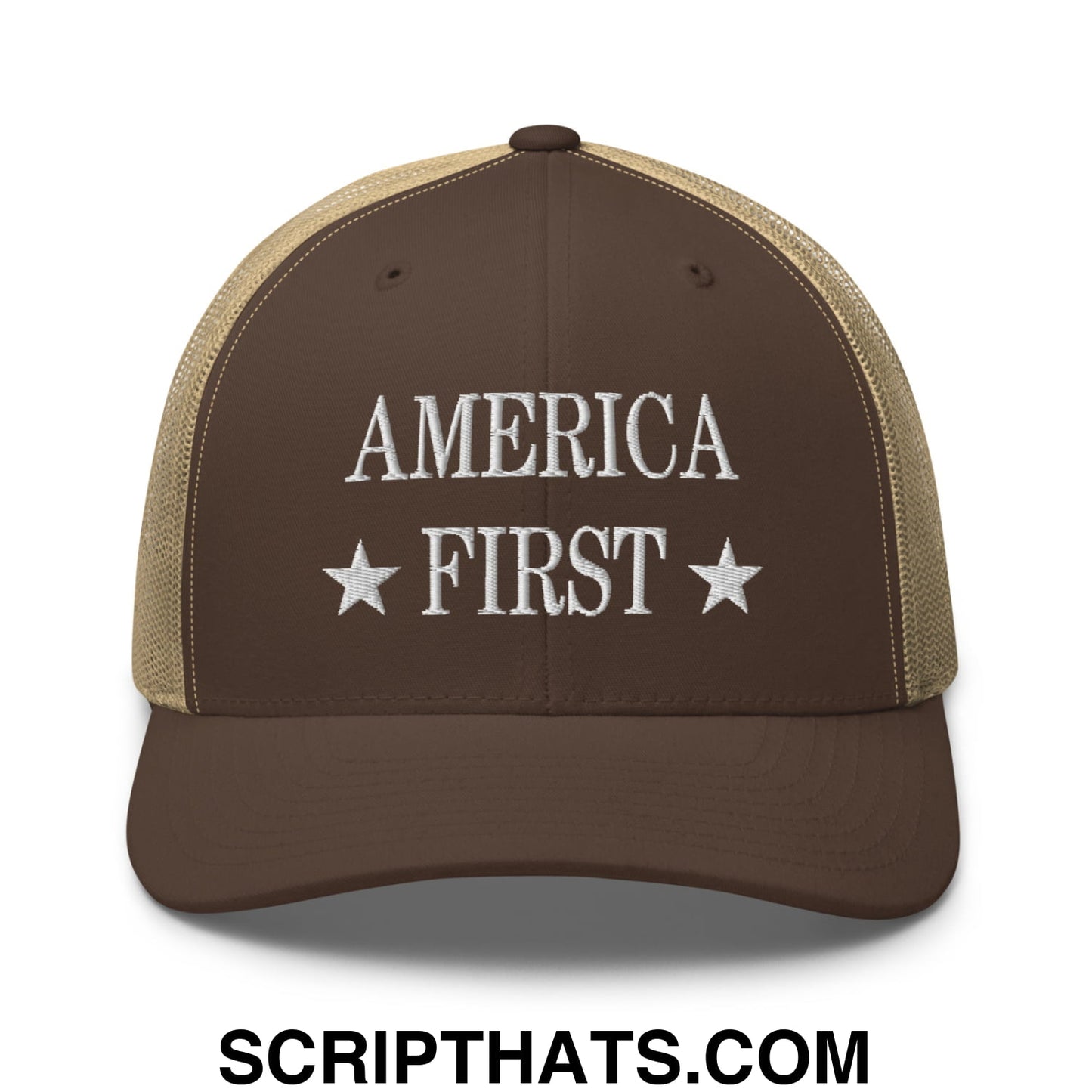 America First Embroidered Mesh Trucker Hat Brown Khaki