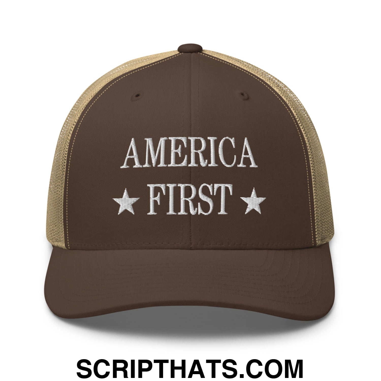 America First Embroidered Mesh Trucker Hat Brown Khaki
