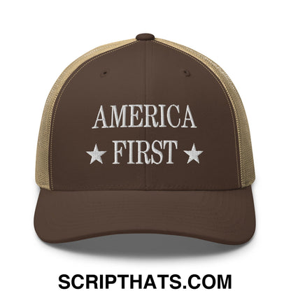 America First Embroidered Mesh Trucker Hat Brown Khaki
