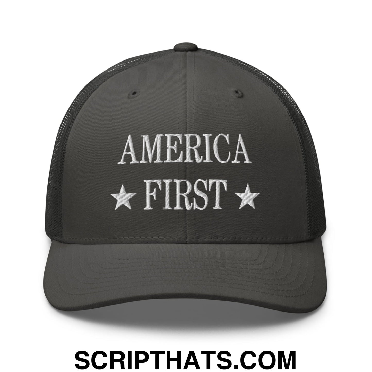 America First Embroidered Mesh Trucker Hat Charcoal