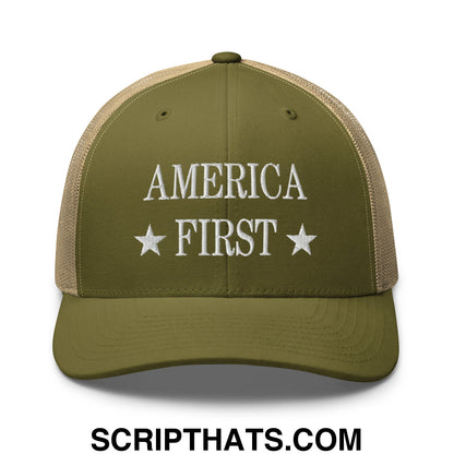 America First Embroidered Mesh Trucker Hat Moss Khaki