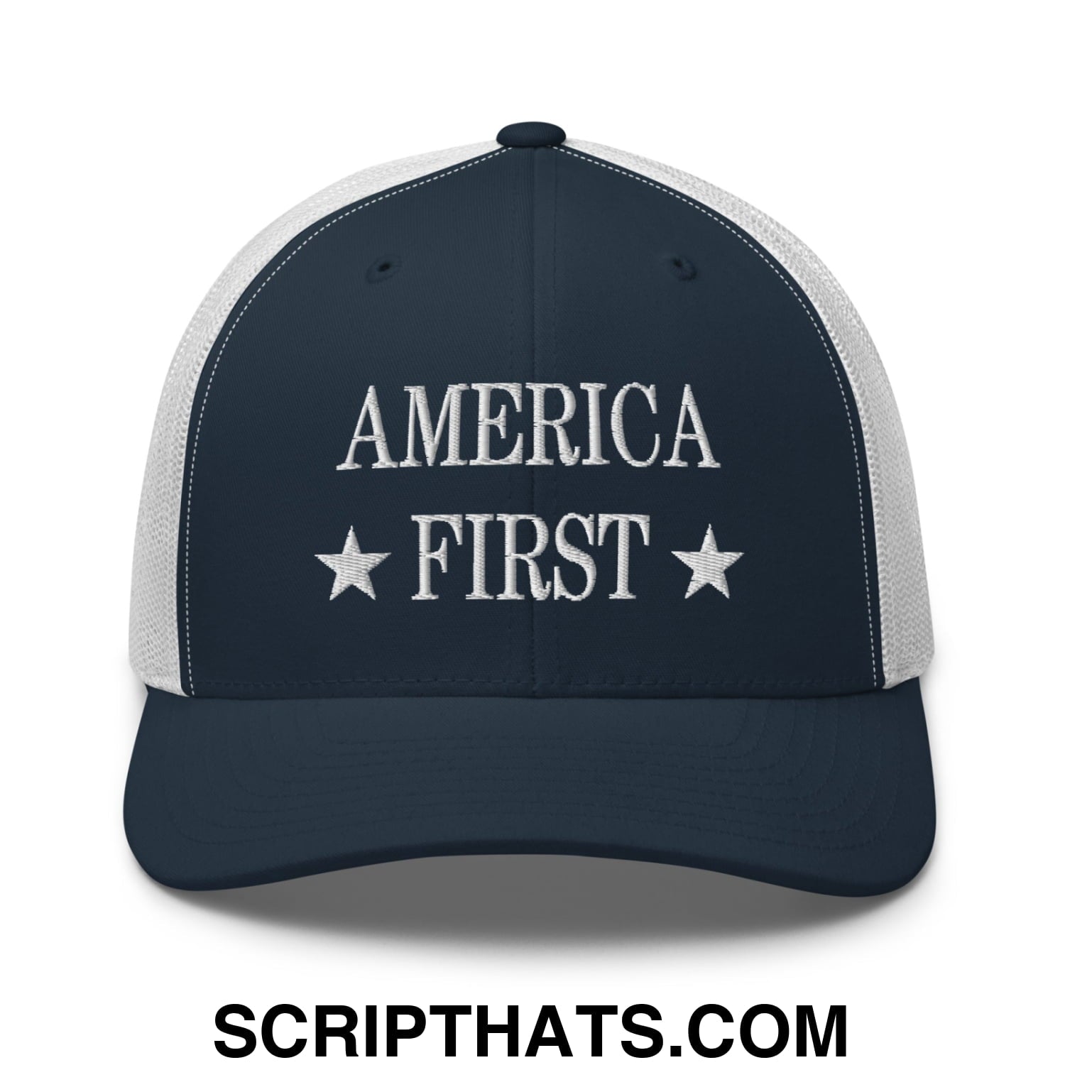America First Embroidered Mesh Trucker Hat Navy White