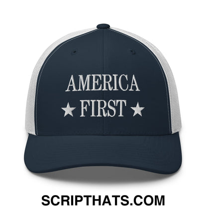America First Embroidered Mesh Trucker Hat Navy White
