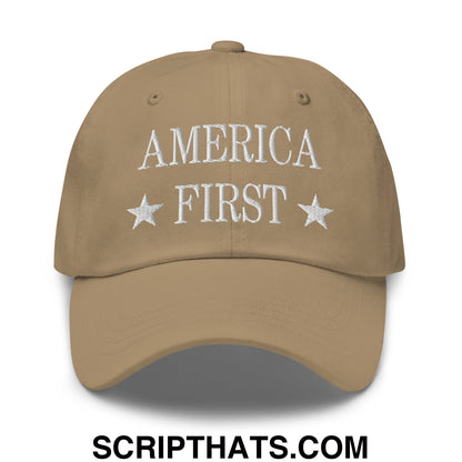 America First Embroidered Unstructured Dad Hat Khaki