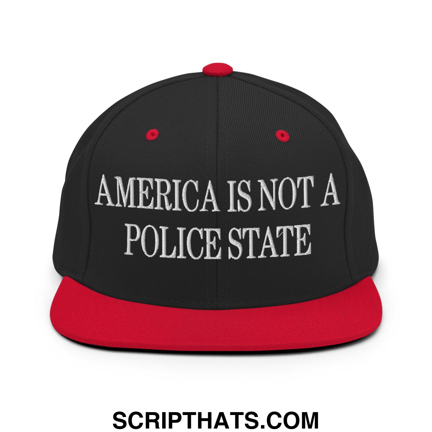 Black and red flat bill brim snapback hat with white embroidered text america is not a police state