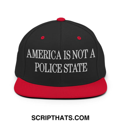 Black and red flat bill brim snapback hat with white embroidered text america is not a police state