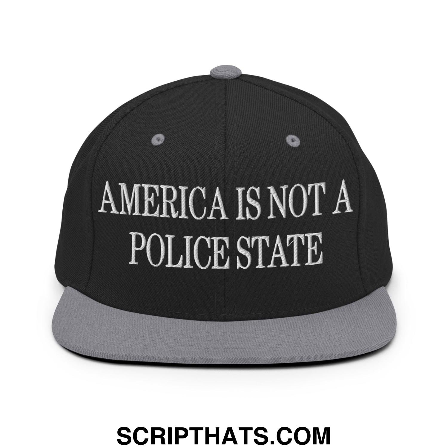 Black snapback cap with gray brim and white embroidered america is not a police state text on front