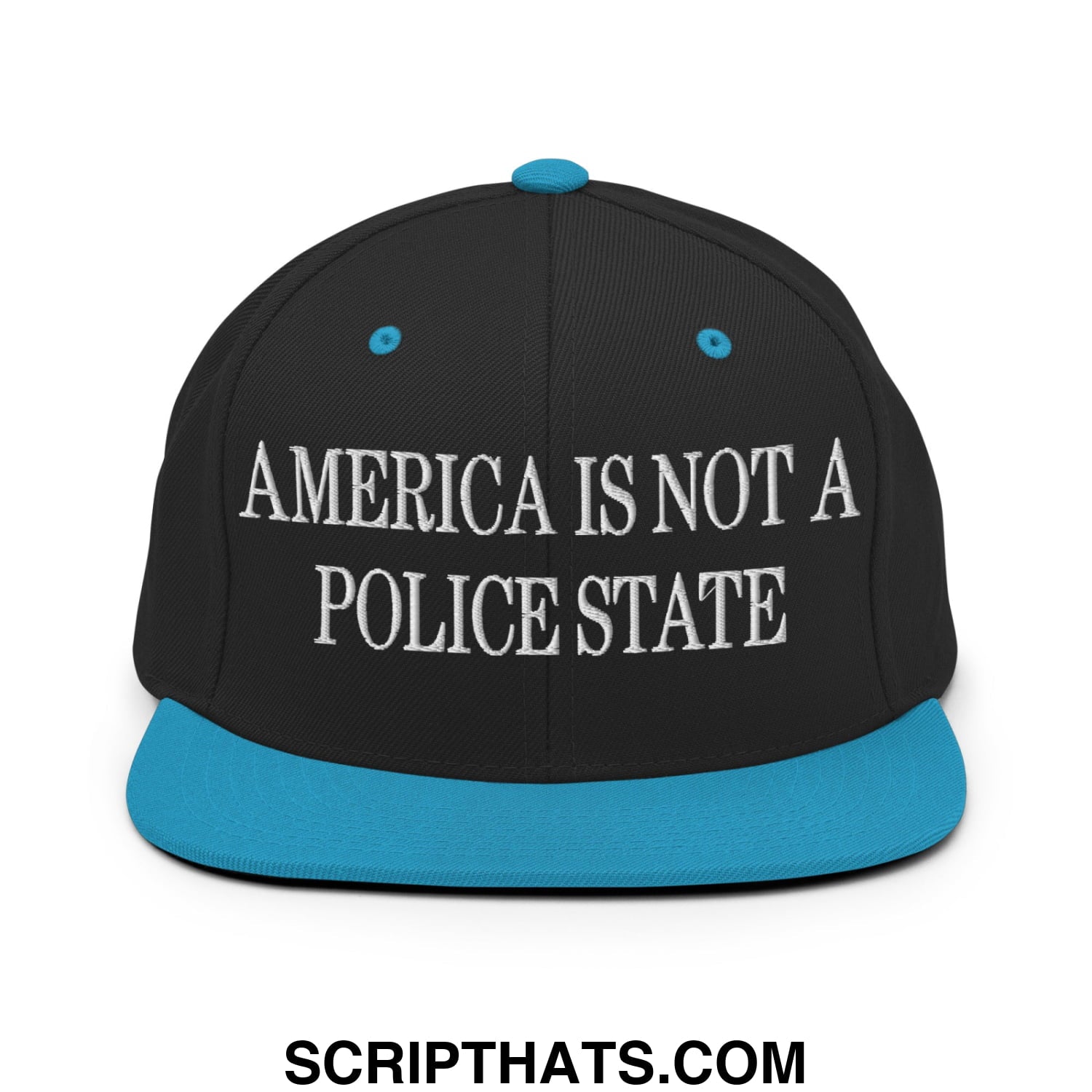 Black snapback cap with teal brim and button featuring white embroidered text america is not a police state