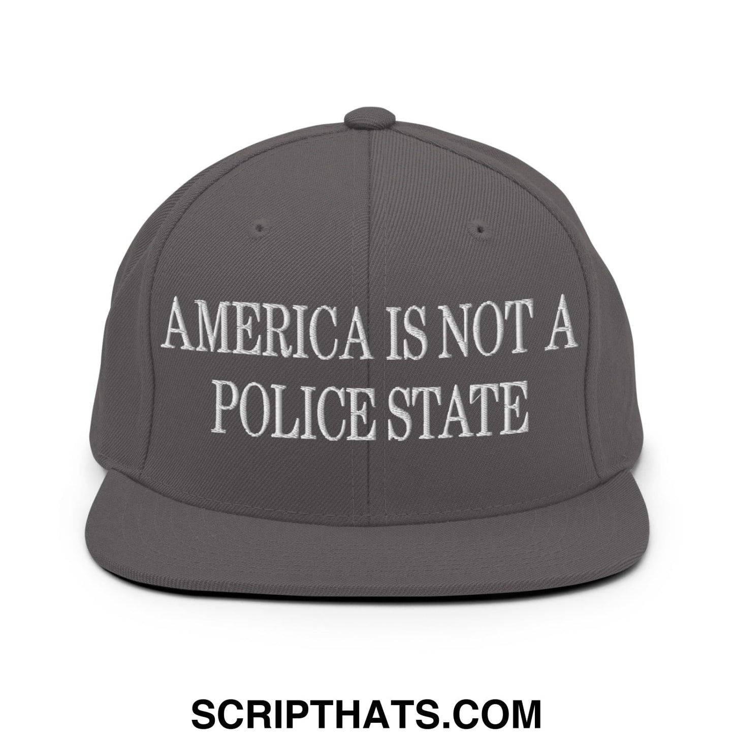 Gray embroidered flat bill snapback hat with white america is not a police state text on front panel