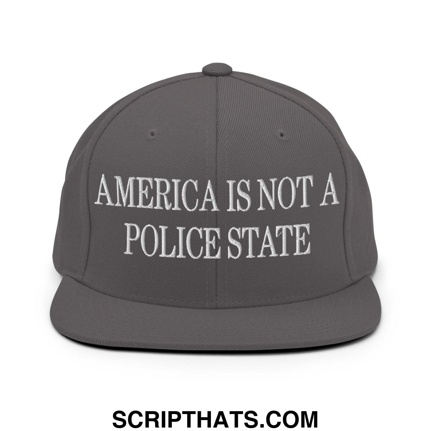 Gray embroidered flat bill snapback hat with white america is not a police state text on front panel