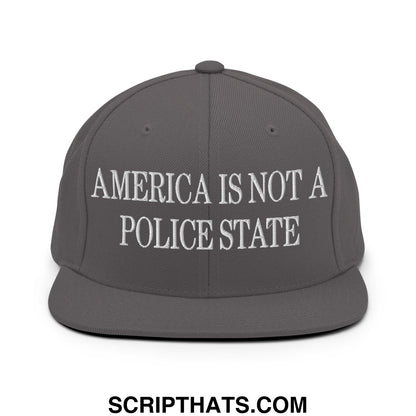 Gray embroidered flat bill snapback hat with white america is not a police state text on front panel
