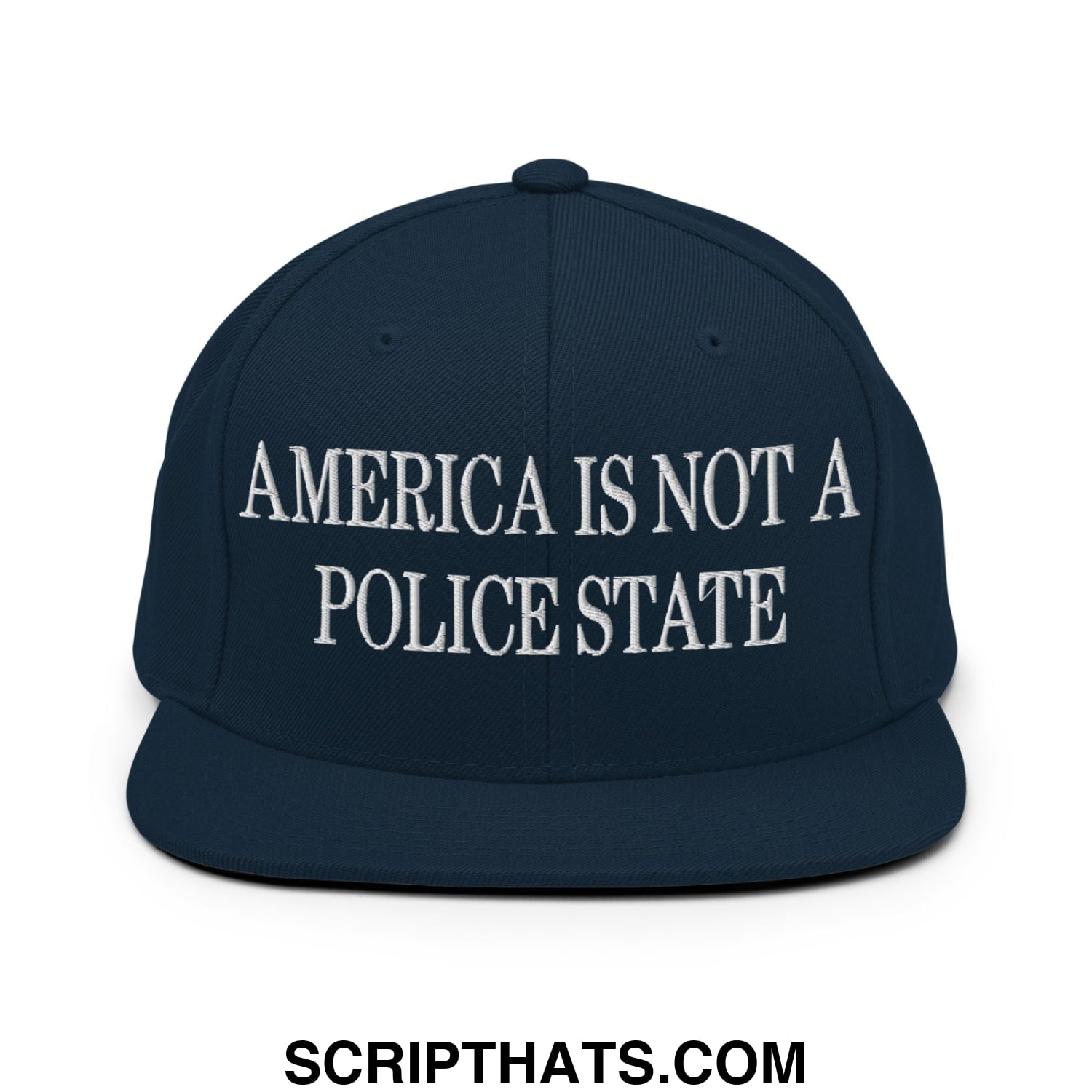 Navy blue snapback hat with white embroidered america is not a police state text and flat bill brim design