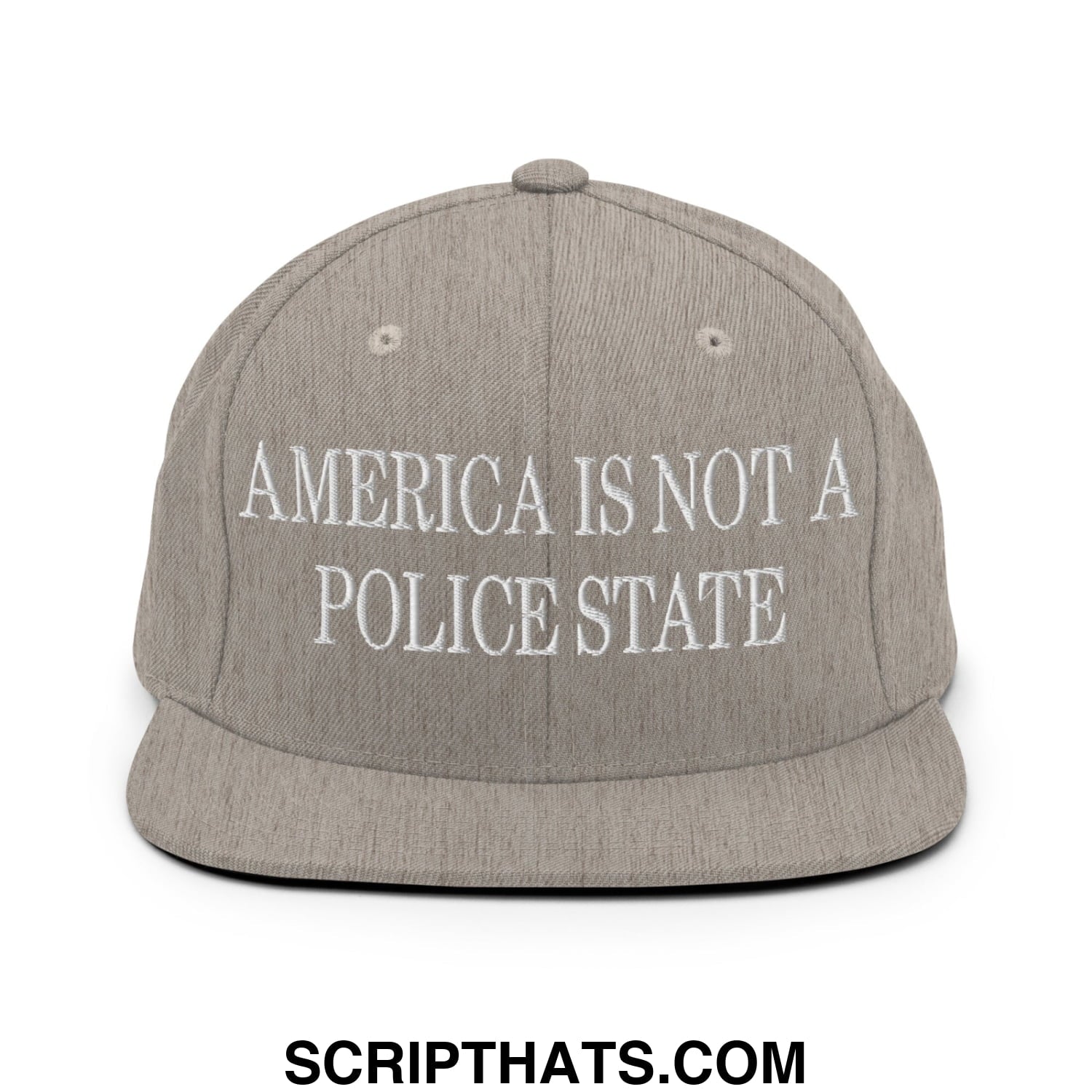 Gray snapback hat with white embroidered text america is not a police state and flat bill brim design
